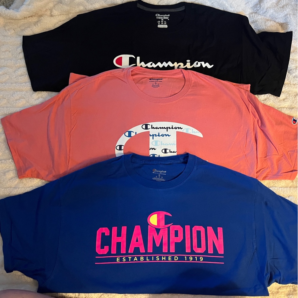 Men’s Champion Tee’s
Qty: 3
Size: XL
Colors: Black, Salmon, Royal Blue